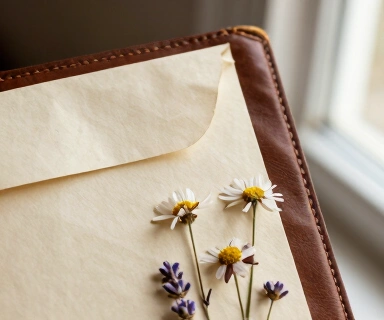 A handwritten letter tucked into a worn leather Bible with pressed flowers between the pages
