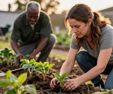 A caucasian woman in her 30s kneeling in a community garden at golden hour, soil on her hands, planting seedlings alongside an elderly black man, warm earth tones with green accents