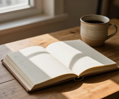 A worn leather journal lying open on a simple wooden table beside a clay coffee mug, morning light through a window casting geometric shadows across handwritten notes