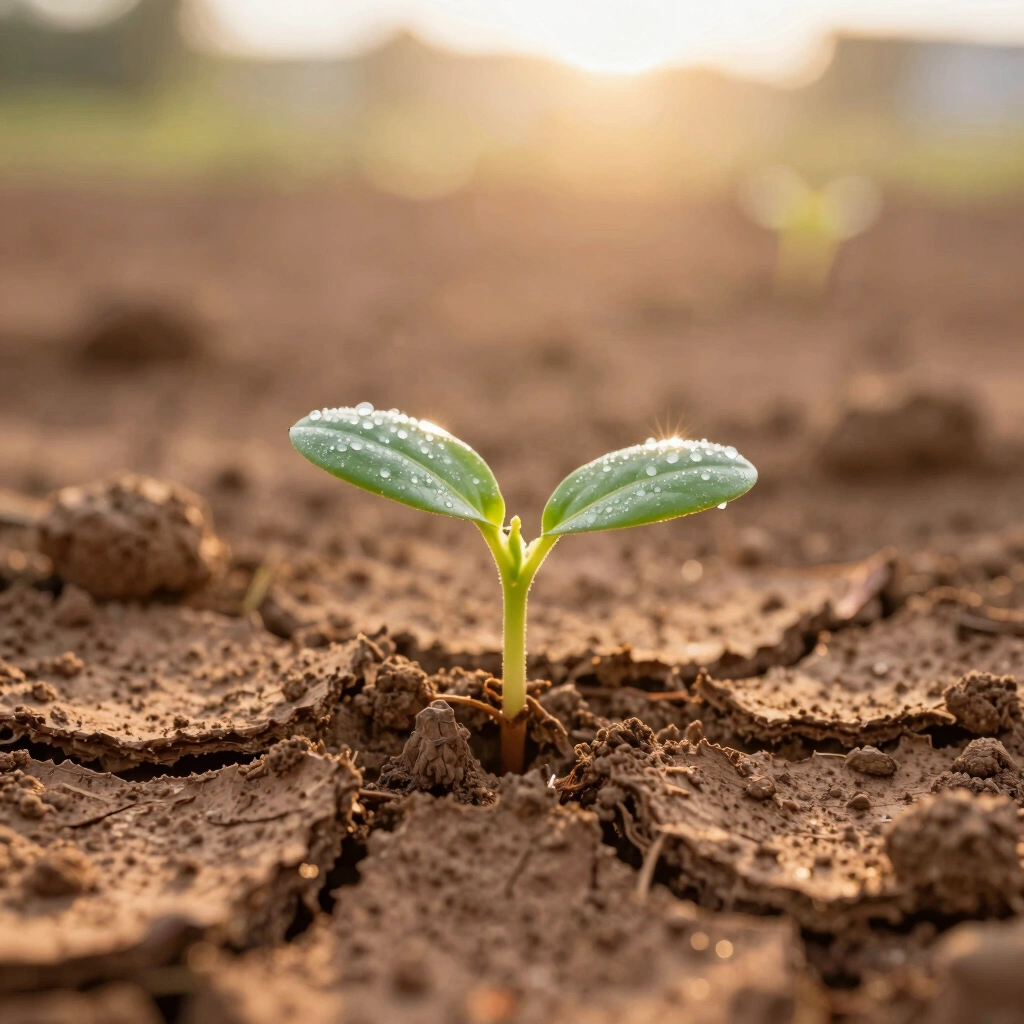 A single green shoot emerging through cracked dry earth with soft morning light and dew drops on the leaf