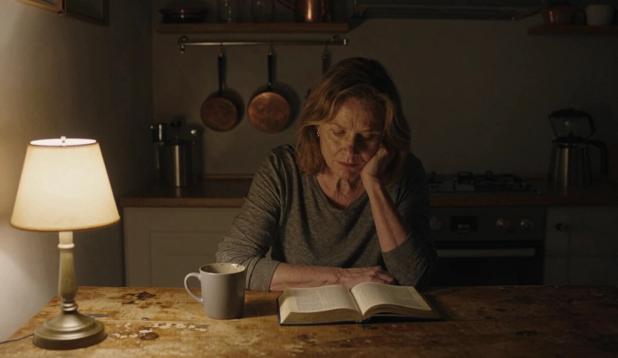 A woman praying late at night at her kitchen table with an open Bible