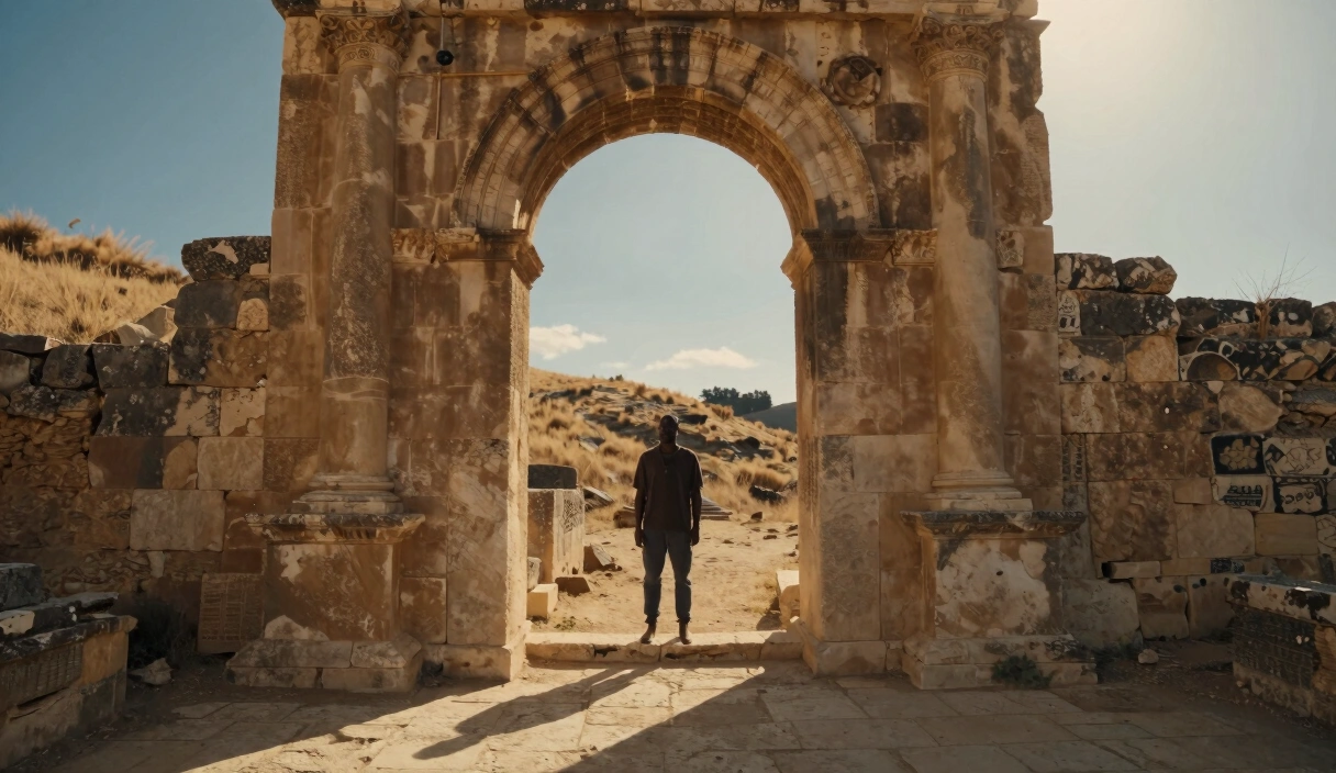 Ancient stone archway overlooking a Galilean hillside at golden hour