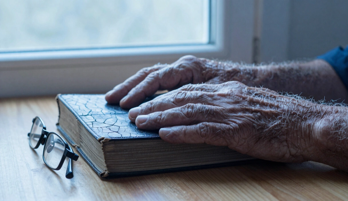 Weathered hands resting on an open Bible in morning light