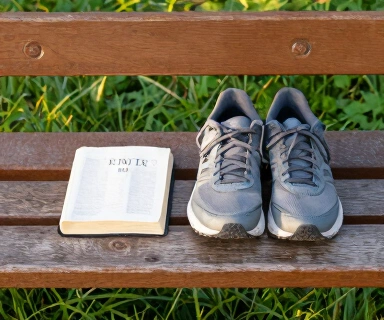 A pair of worn running shoes beside an open Bible on a wooden bench in early morning park light