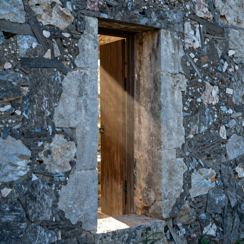 A narrow doorway in a weathered stone wall with bright sunlight pouring through, dust motes in the beam