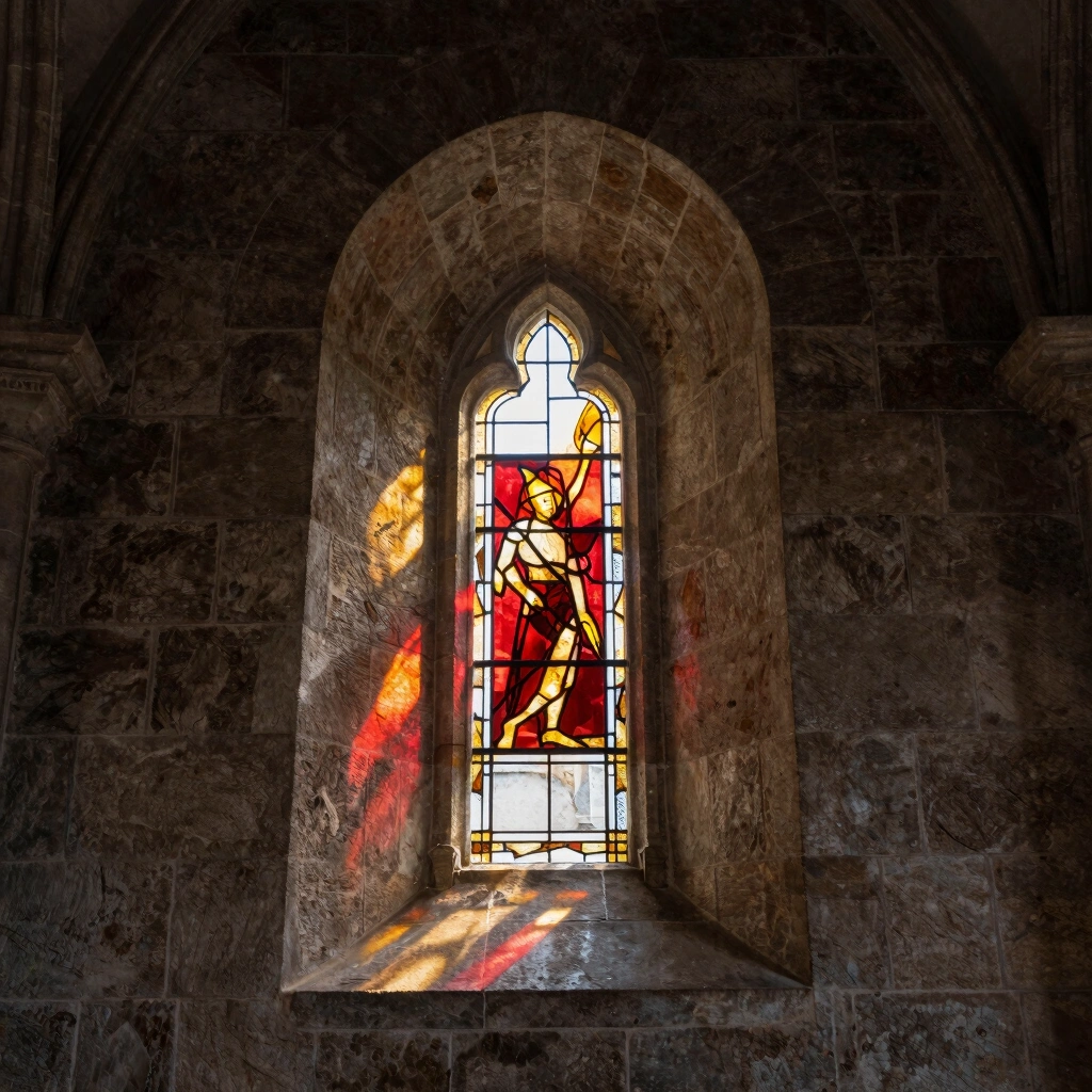 A small flame-shaped stained glass window casting colored light across stone church walls in late afternoon