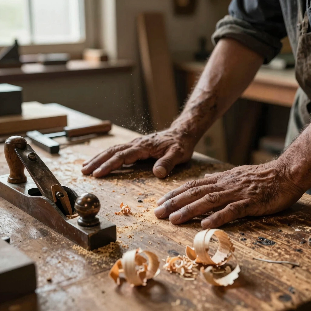 Weathered hands resting on a workbench beside woodworking tools in a sunlit workshop with sawdust in the air