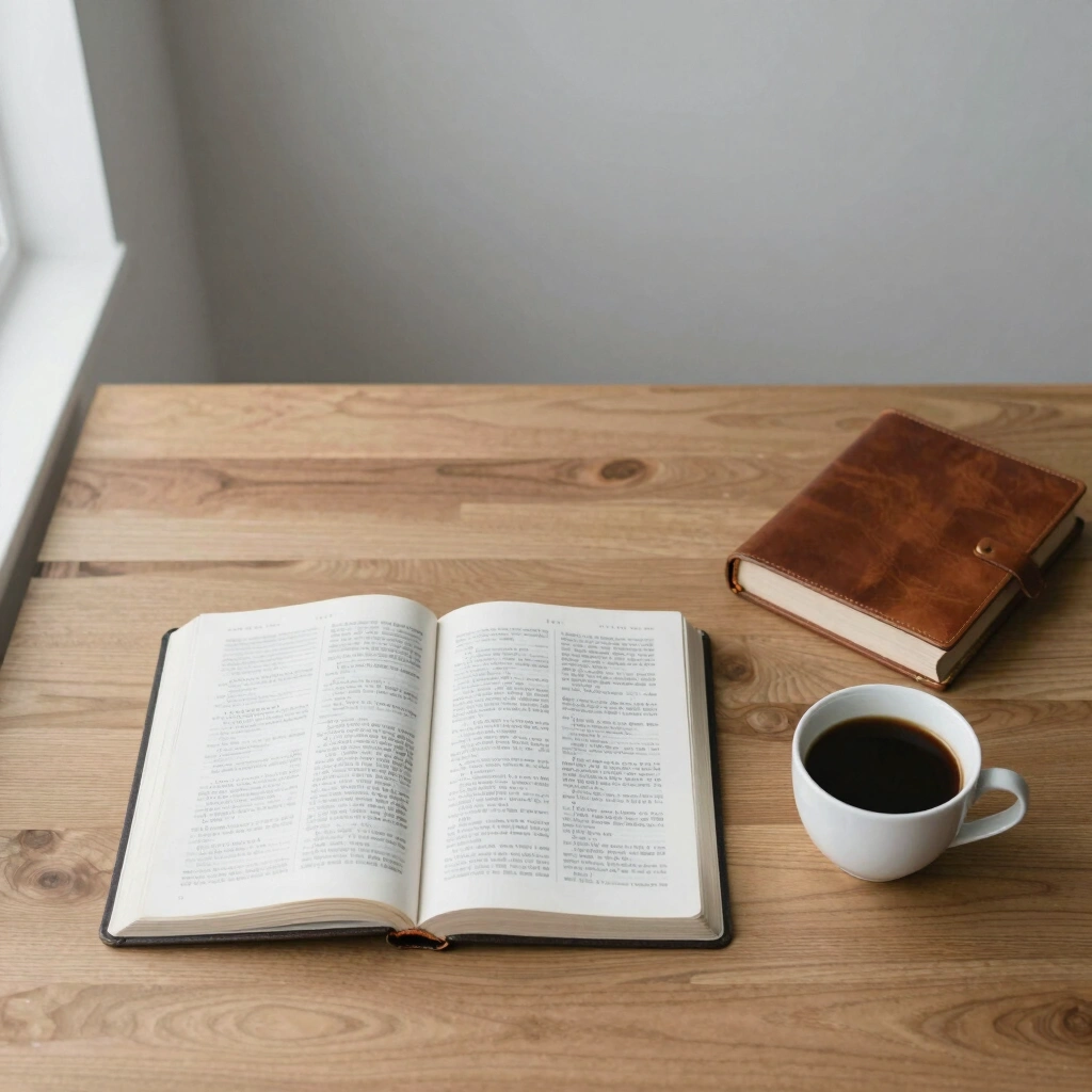 A closed laptop on a desk beside an open Bible and a cup of black coffee in quiet early morning light