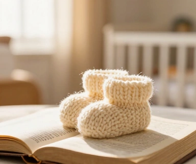 A small hand-knitted baby bootie resting on an open Bible page in warm window light