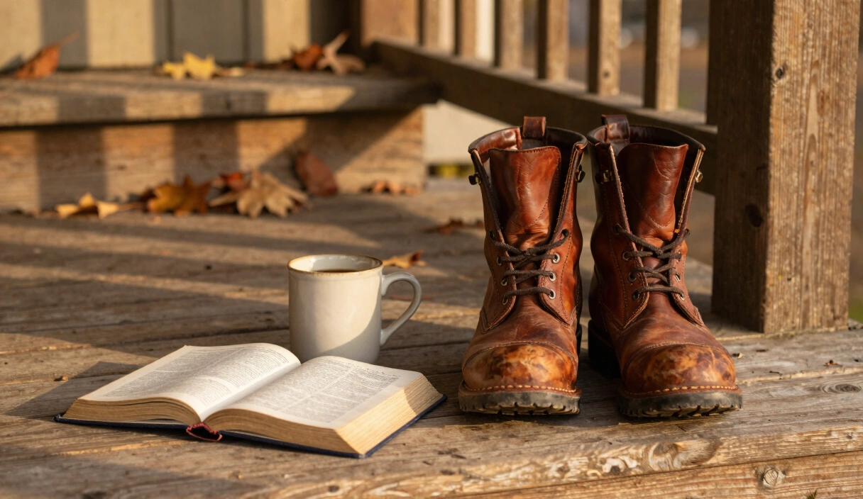 A pair of well-worn leather work boots sitting beside a Bible on a sunlit front porch with a rocking chair and autumn leaves in the yard
