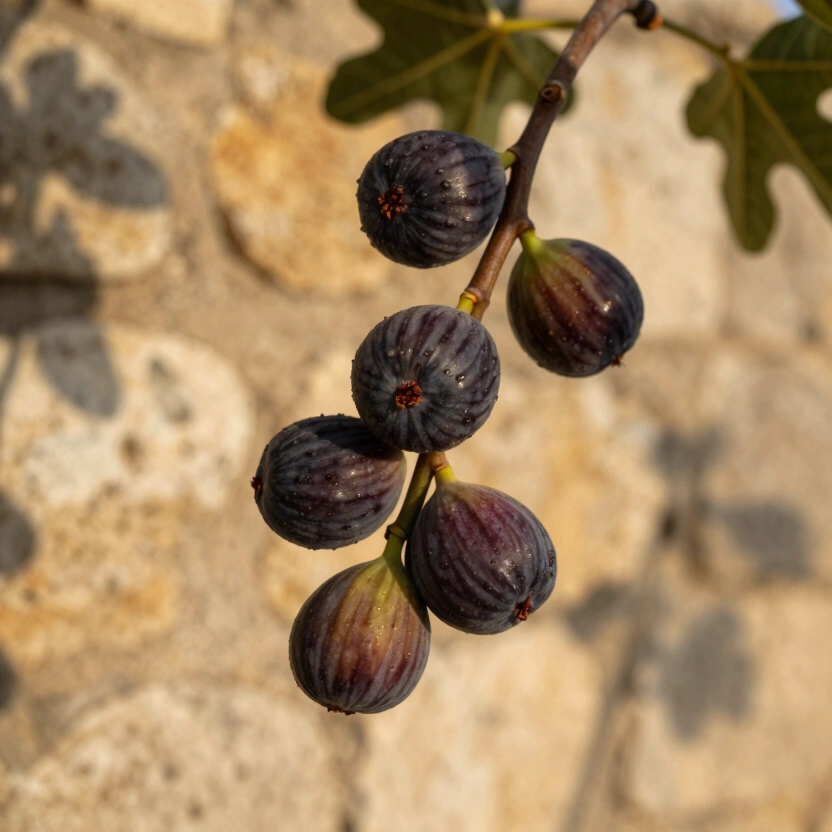 A close-up of a single fig branch heavy with ripe dark figs against a sun-bleached stone wall, Mediterranean light, shallow depth of field, warm amber tones