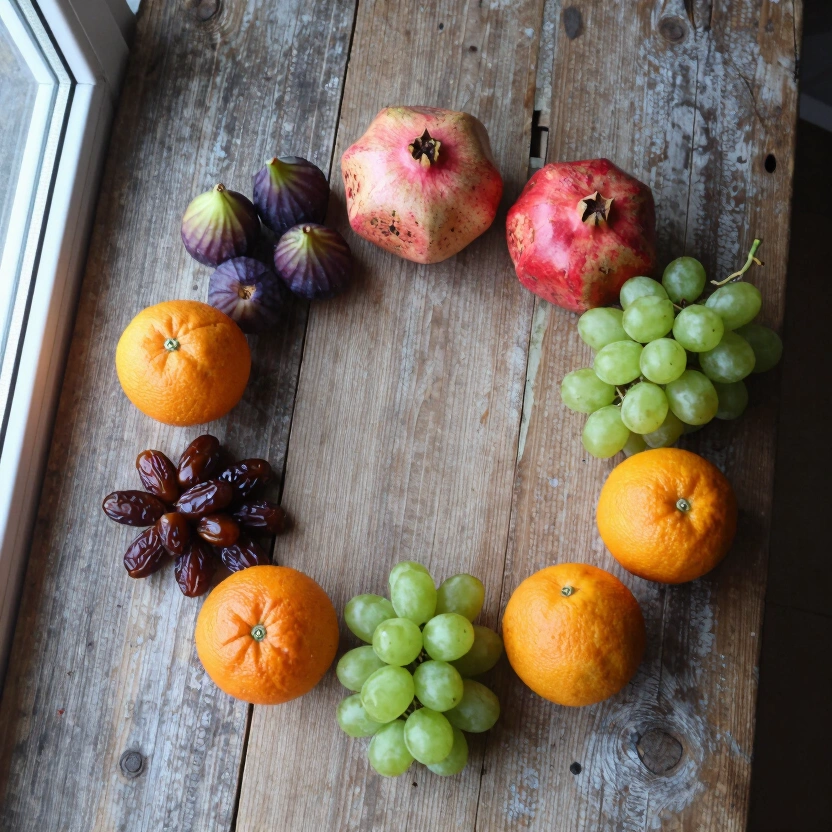 Overhead shot of a weathered wooden table with nine different varieties of fresh fruit arranged in a loose spiral — figs, pomegranates, grapes, oranges — natural window light from the left, cool shadow on the right