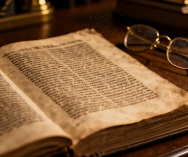 An ancient manuscript page with faded Greek text, warm amber light falling across a worn leather Bible on a dark wooden desk with reading glasses nearby