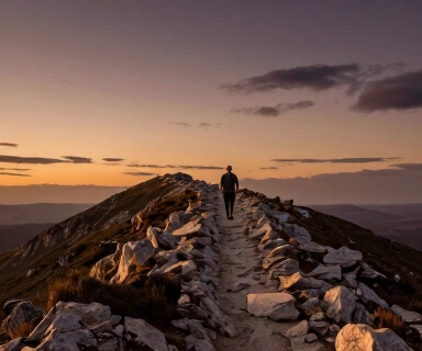 A solitary figure walking along a narrow ridge trail toward a distant horizon at dusk, warm amber and violet sky, the path ahead fading into soft golden light