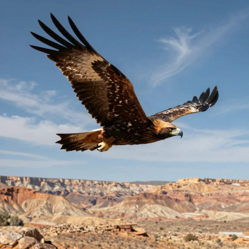 A golden eagle soaring above a desert canyon with wings locked in a thermal updraft at golden hour
