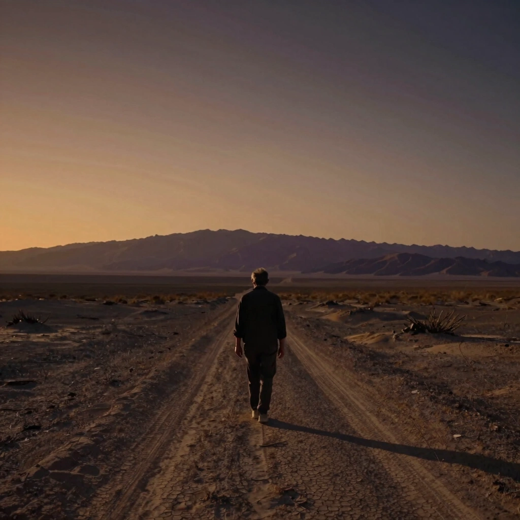 A lone figure walking along a dusty trail at dusk with distant mountains and a darkening amber sky