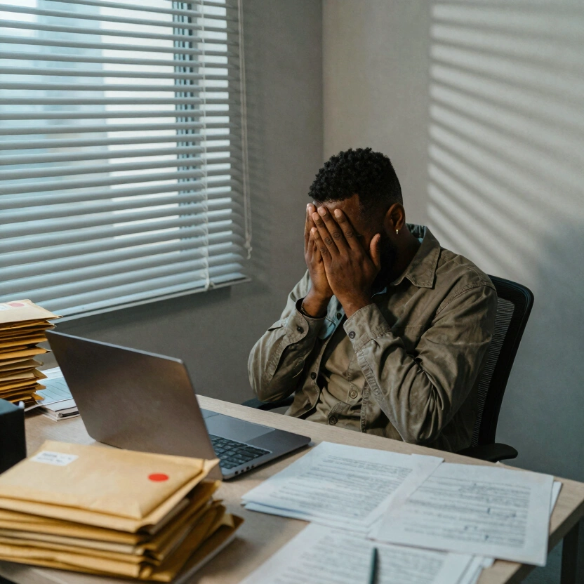 A black man in his 30s leaning back at a cluttered desk with stacked envelopes and papers, late afternoon light through venetian blinds